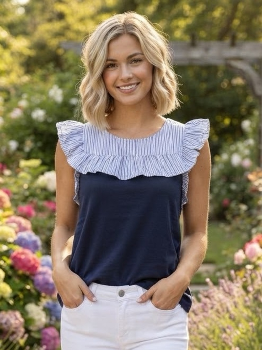 J. Crew Navy Sleeveless Top with Blue-and-White Striped Ruffle Yoke